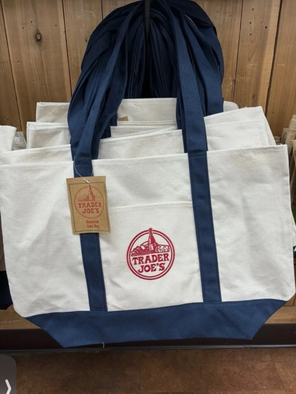 Trader Joe's Large Cream and Navy Canvas Tote Bag